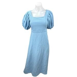 Kara Thoms Blue Textured Square Neck Short Puff Sleeve Midi A-Line Dress Size XS